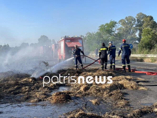 Πατρών-Πύργου | «Λαμπάδιασε» σανός σε τρέιλερ – Έκλεισε η εθνική οδός!